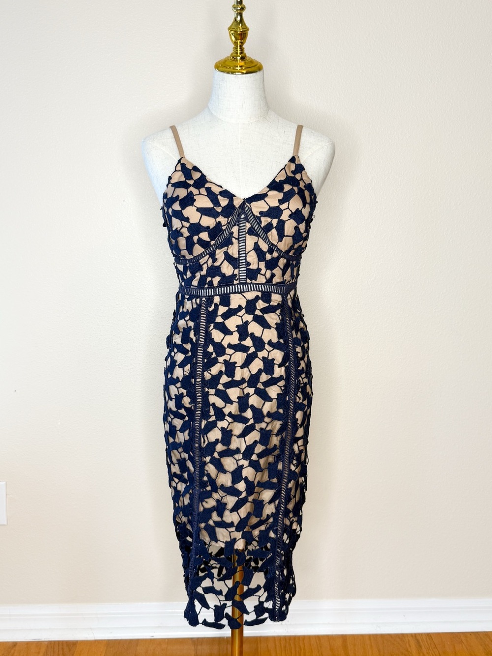 Navy Blue Lace Sheath Midi Dress Nude Lining Crochet Trim Self-Portrait inspired